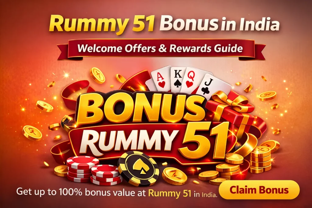 Rummy 51 bonus banner with cards, chips, coins, and promotional casino elements on a transparent background.