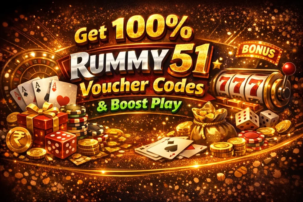 Rummy 51 voucher code banner with 100 percent bonus text, surrounded by playing cards, chips, dice, coins and casino elements on a dark background