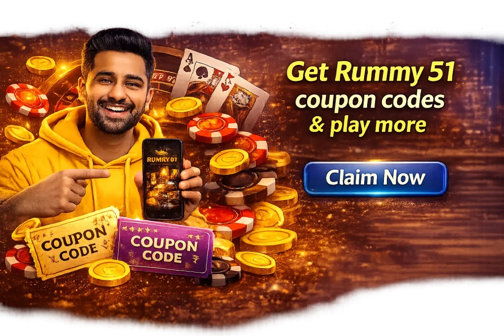 Man holding smartphone with Rummy 51 app showing coupon codes, surrounded by coins, poker chips and cards with a claim now button on a dark background