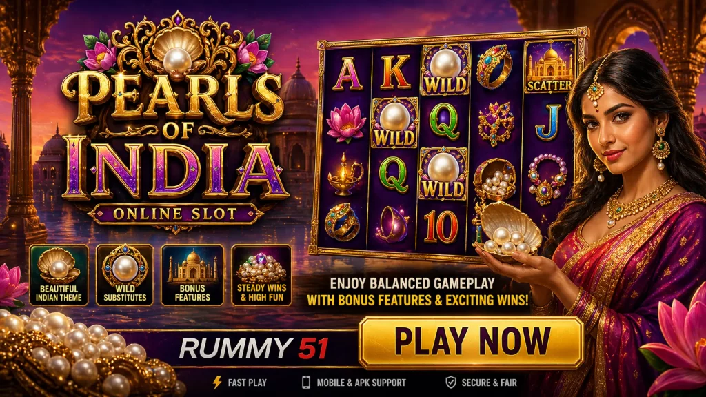 Pearls of India slot banner with luxurious Indian theme, featuring golden jewelry, pearls, slot reels with wild and scatter symbols, and rich palace-style background.