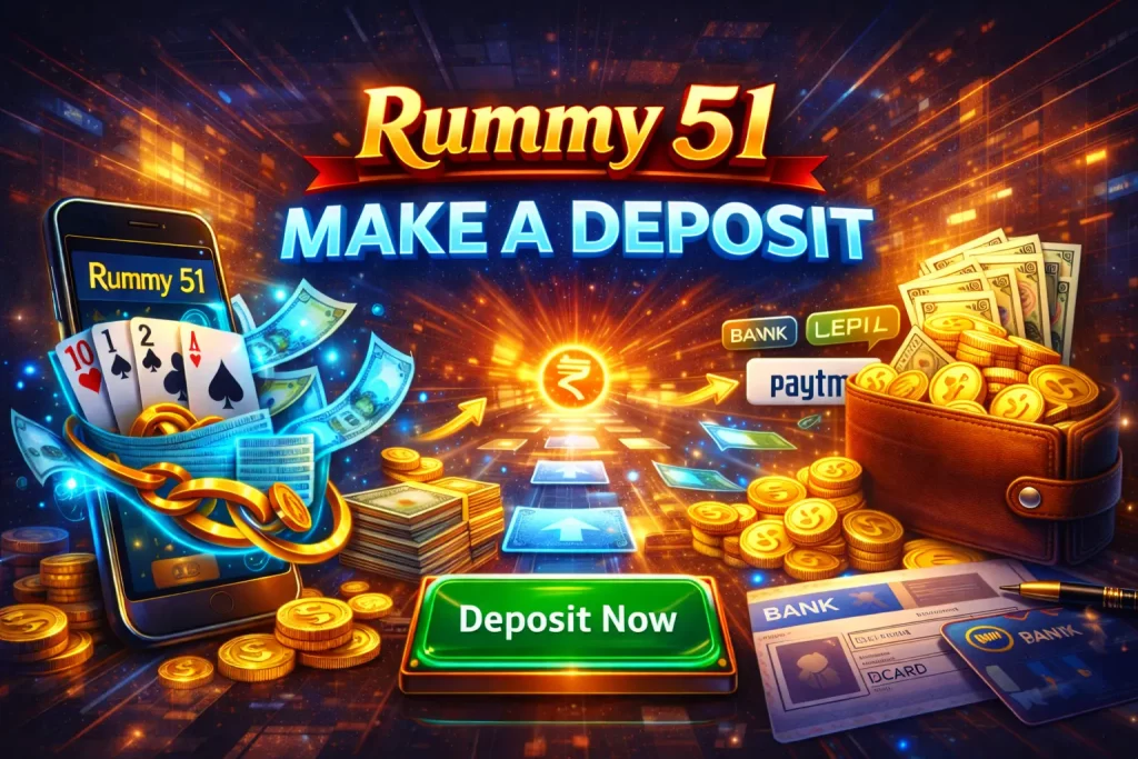 Rummy 51 deposit banner with smartphone, playing cards, coins, and digital payment icons illustrating fast and secure money deposit into the game