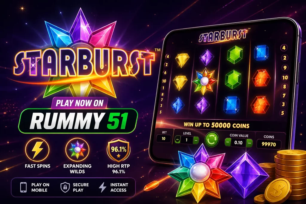 Starburst slot game banner with glowing neon gems, spinning reels, and dynamic casino-style background representing fast gameplay and expanding wild features.