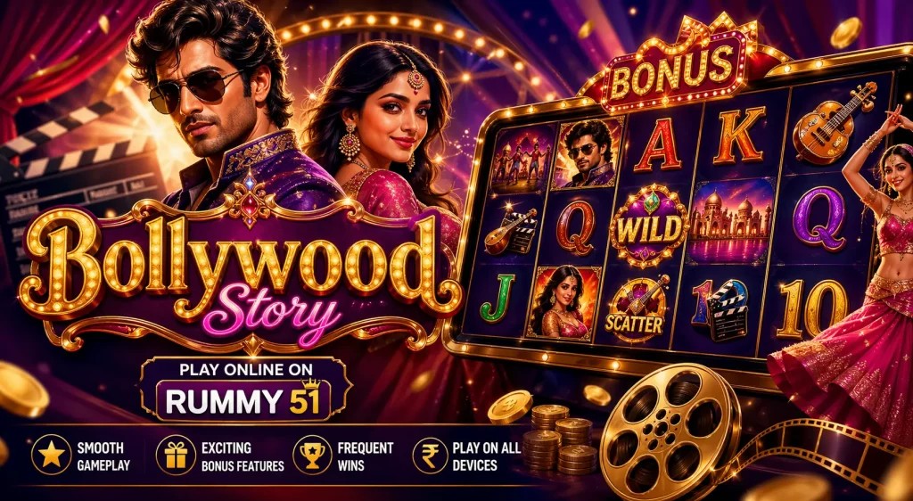 Bollywood Story slot banner featuring glamorous Bollywood actors, colorful reels with wild and scatter symbols, golden coins, and a cinematic Indian-themed casino atmosphere.