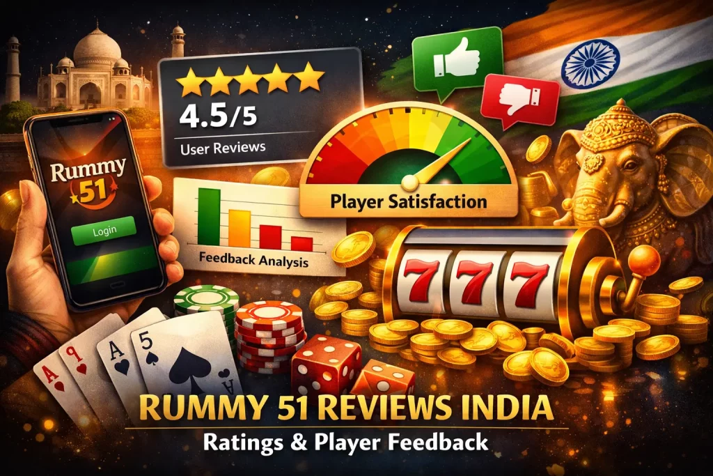 Rummy 51 reviews banner showing smartphone with ratings stars, coins and player feedback icons on a dark modern background