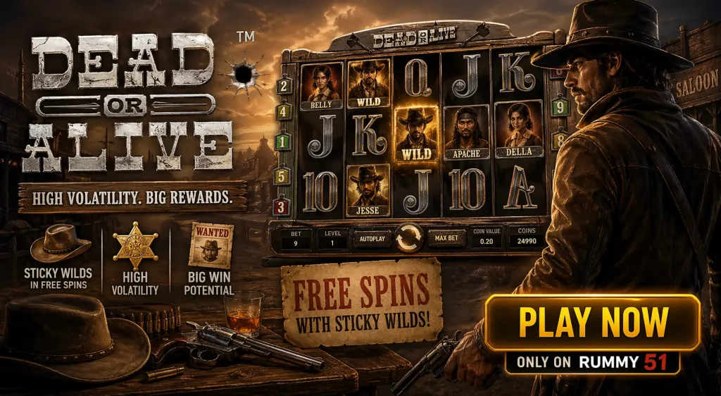 Dead or Alive slot banner with Wild West theme, showing a cowboy, slot reels with sticky wilds, free spins feature, and high volatility big win concept.