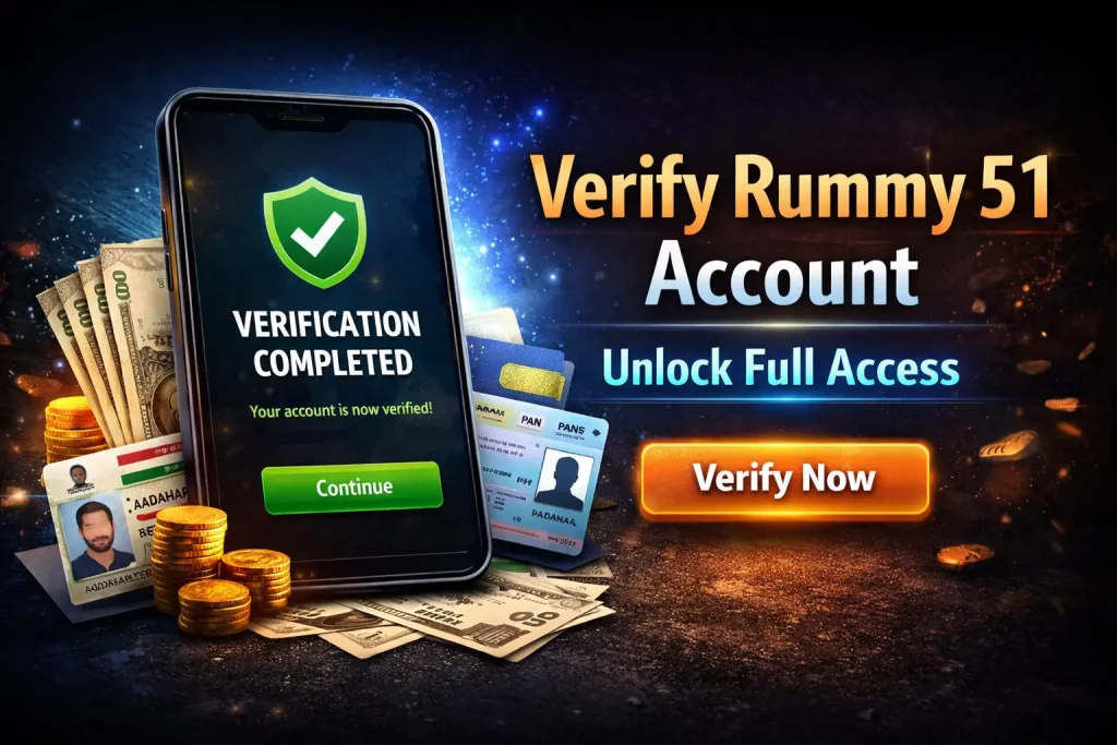 Smartphone showing Rummy 51 verification completed screen with ID cards, cash, coins and a verify now button on a dark glowing background
