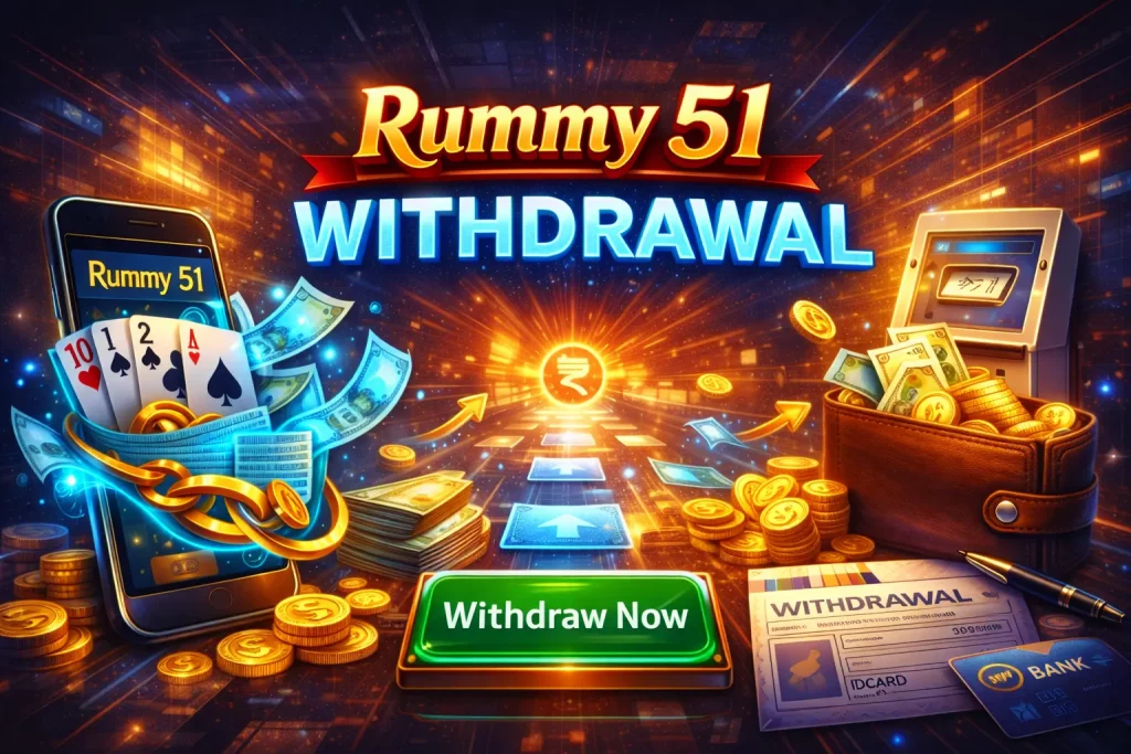 Rummy 51 Withdrawal banner with smartphone, playing cards, cash, coins, and ATM illustrating fast and secure money withdrawal from the game