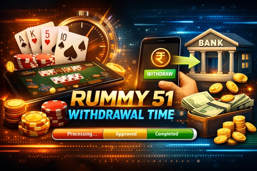 Rummy 51 withdrawal time illustration showing mobile gameplay, payout process, bank transfer, and timeline for processing winnings in India