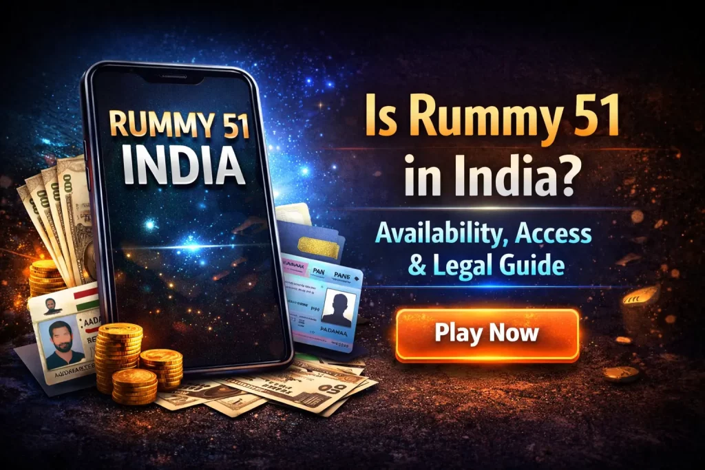 Smartphone displaying Rummy 51 India interface with coins, cash and ID cards on a dark glowing background with play now button