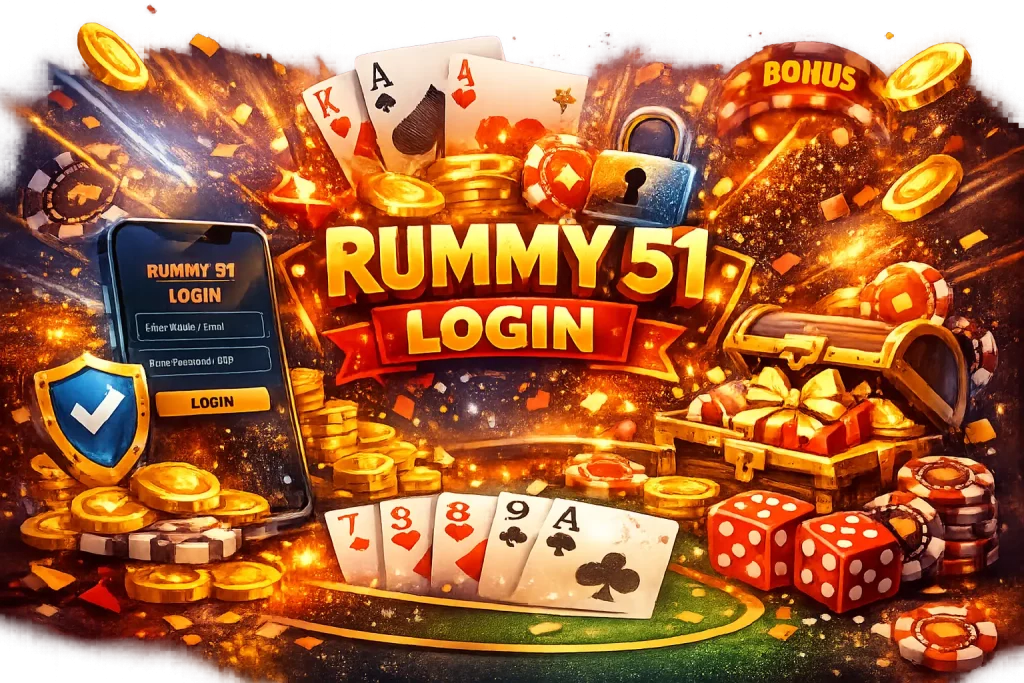 Rummy 51 login banner with mobile app, playing cards, coins, and secure account access illustration