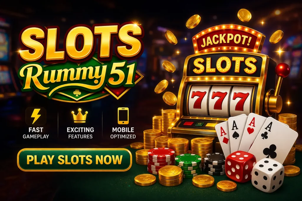 Rummy 51 slots banner with 777 slot machine, gold coins, playing cards, dice and “Play Slots Now” button in a vibrant casino scene