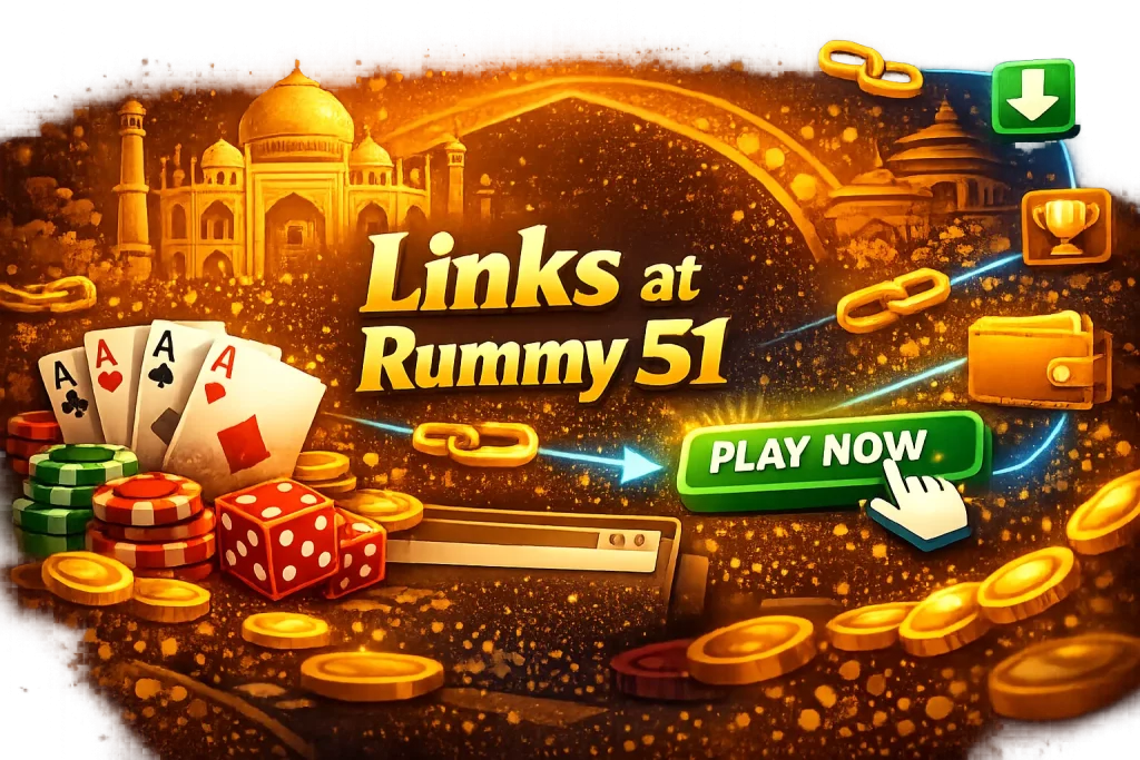 Links at Rummy 51 banner with cards, casino chips, gold coins and navigation icons in a bright gaming design
