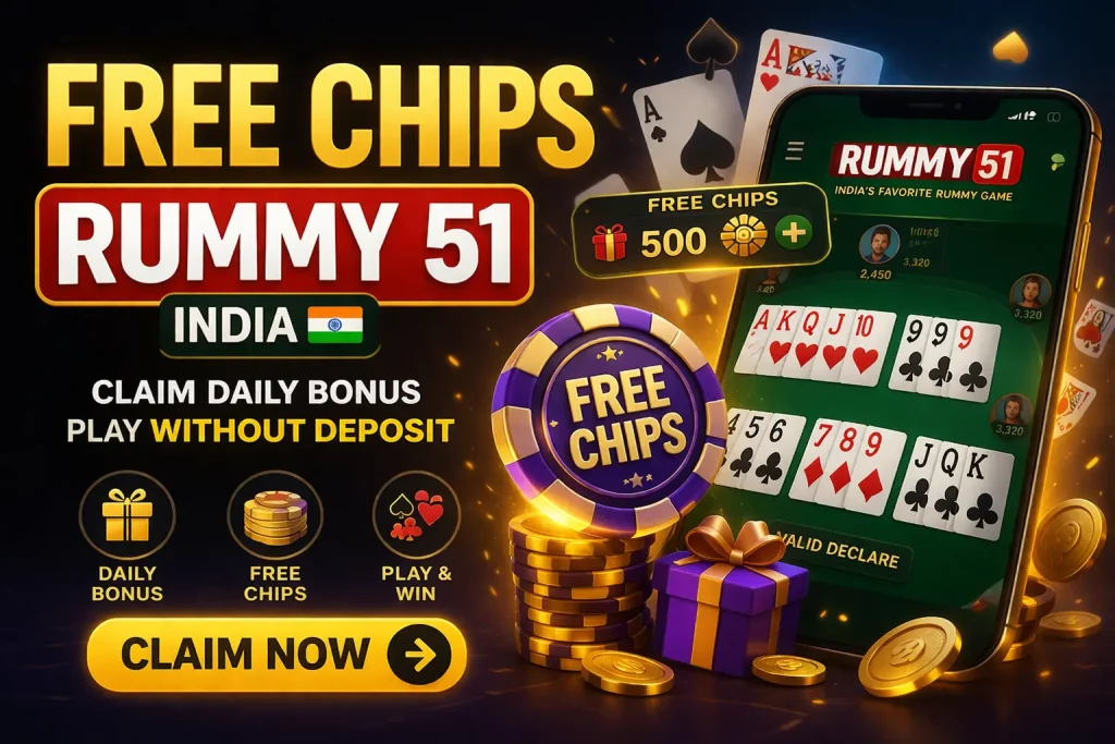 Free chips Rummy 51 India banner with mobile gameplay, bonus coins, playing cards, and no deposit offer