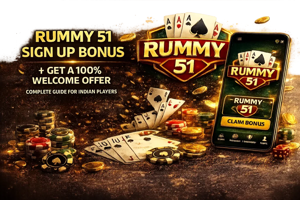Rummy 51 sign up bonus banner with cards, chips and 100 percent welcome offer