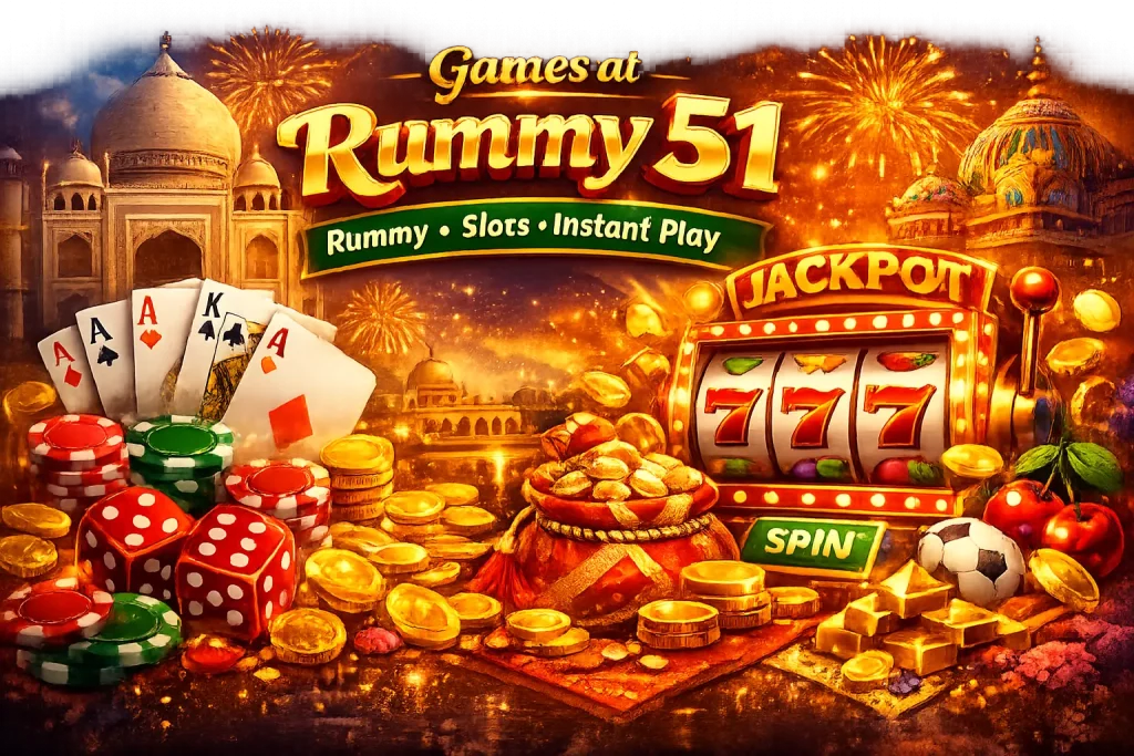 Rummy 51 games banner with cards, slot machine, gold coins and casino elements in a vibrant gaming scene