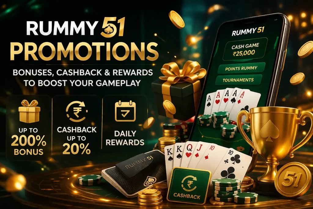 Rummy 51 promotions banner with bonus offers, cashback rewards, playing cards, chips, and mobile gaming interface for Indian players