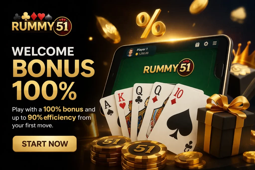 Rummy 51 sign up offer banner with playing cards, gold chips, and 100% welcome bonus promotion on a dark background