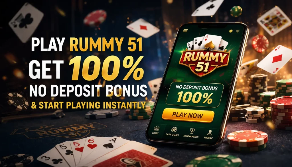 Rummy 51 no deposit bonus banner with cards, chips and free bonus code offer