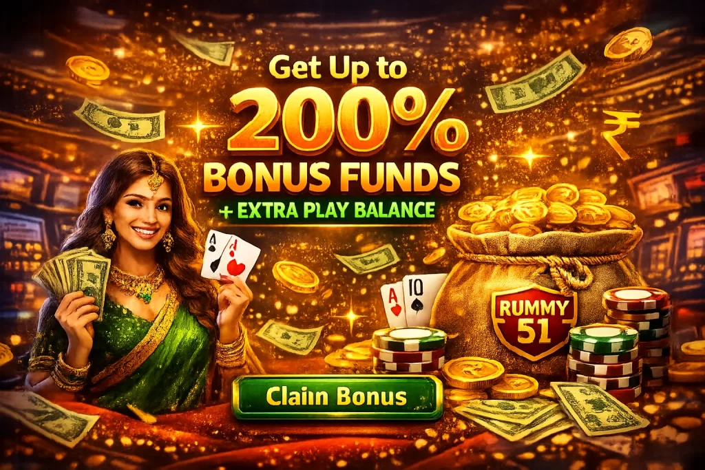 Rummy 51 bonus funds India banner with 200% bonus, extra play balance, Indian woman with cards, coins, chips and casino elements