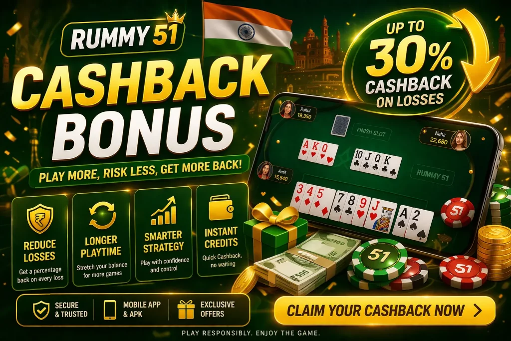 Rummy 51 cashback bonus India banner with up to 30% cashback, mobile gameplay, playing cards, coins and casino elements