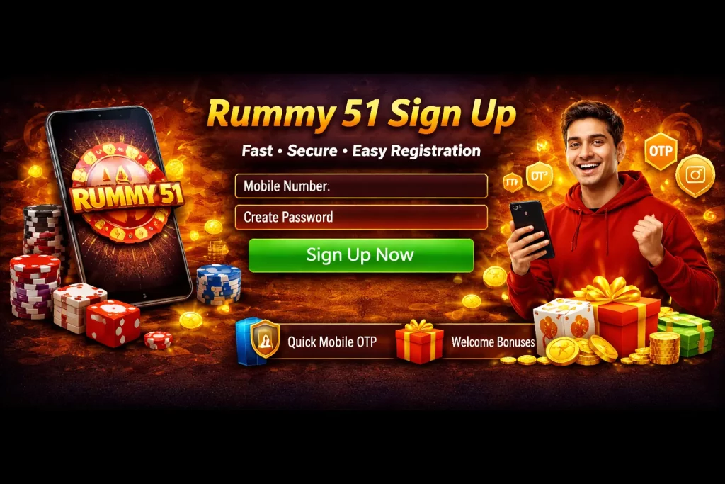 Rummy 51 sign up banner with mobile registration form, bonus gifts, coins, and user creating an account