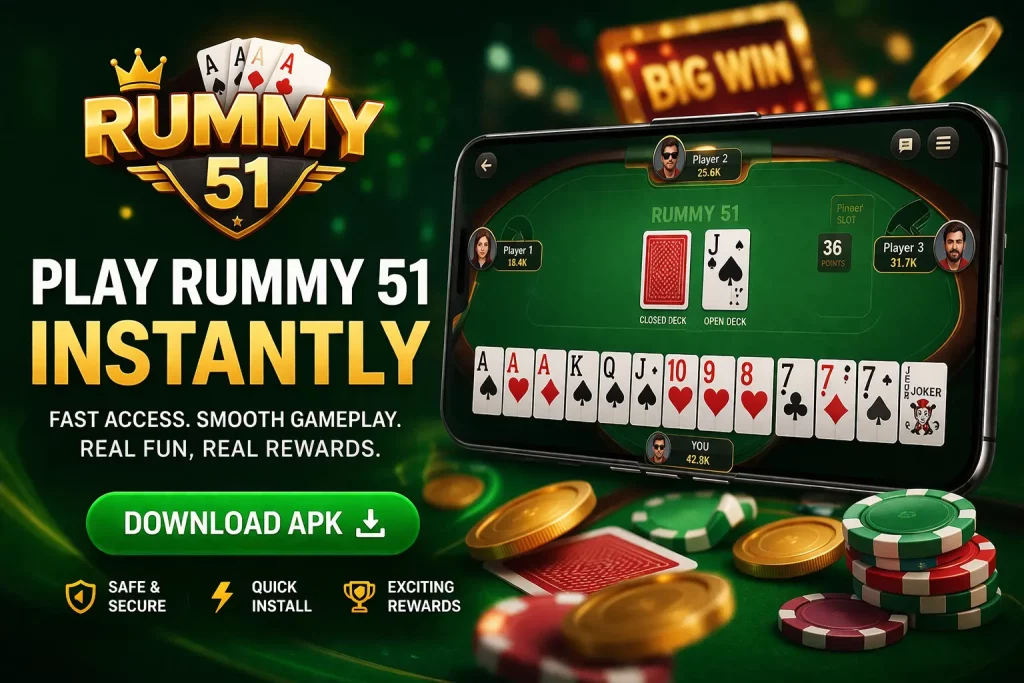Rummy 51 APK mobile gameplay banner with cards, chips and fast download button
