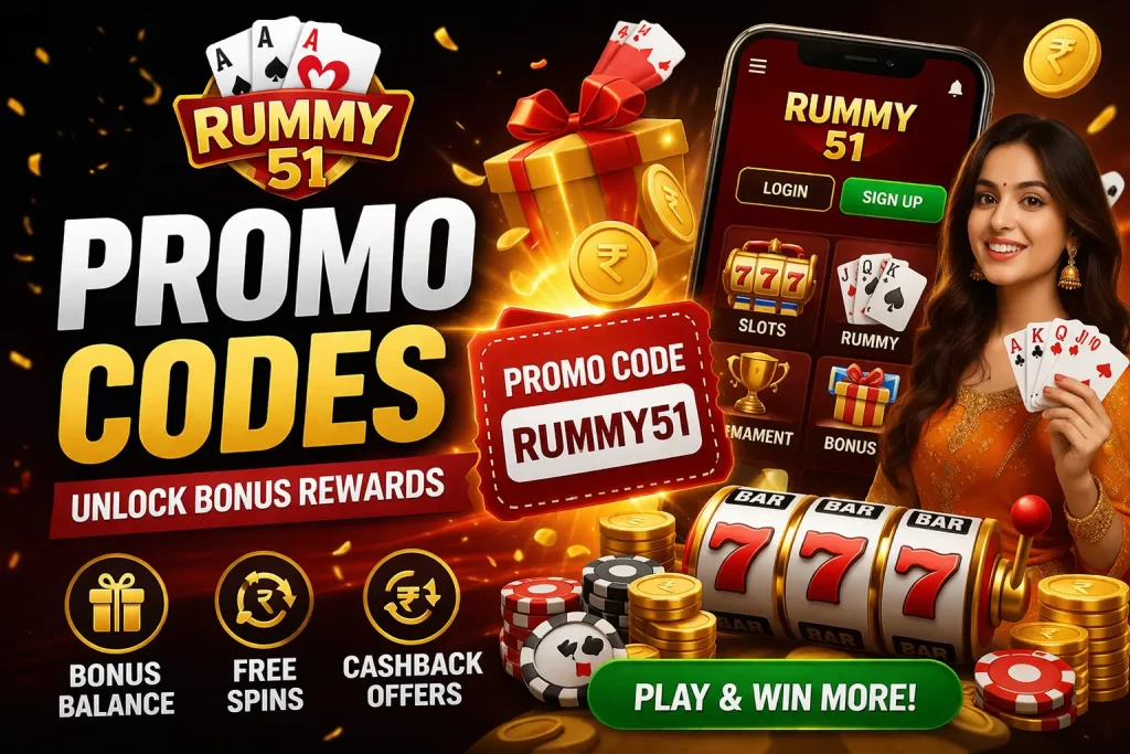 Rummy 51 promo codes banner with bonus rewards, coins, cards and casino elements