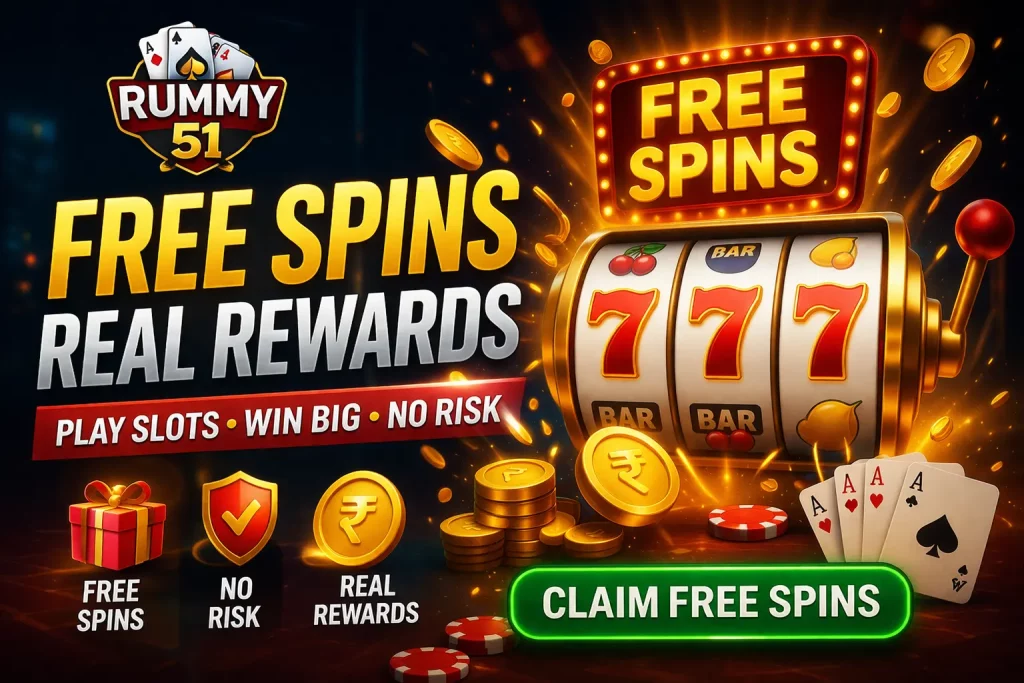 Rummy 51 free spins banner with slot machine, coins, cards and bonus rewards promotion