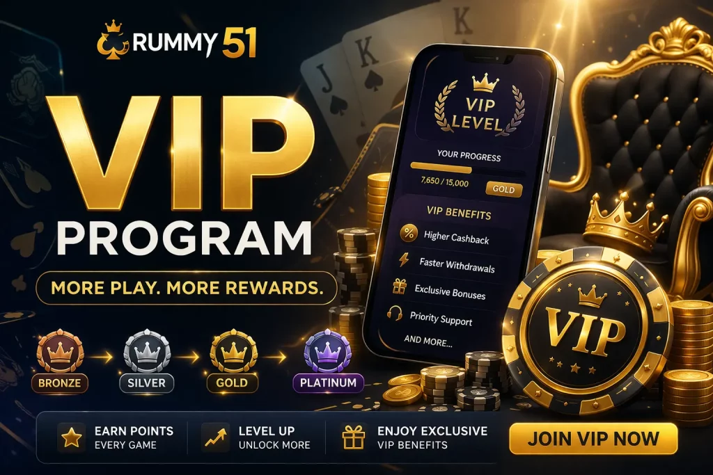 VIP Program Rummy 51 India banner with mobile app, gold rewards, poker chips, and exclusive bonus features