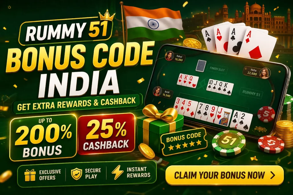 Rummy 51 bonus code India banner with 200% bonus, 25% cashback, mobile gameplay, playing cards and casino elements