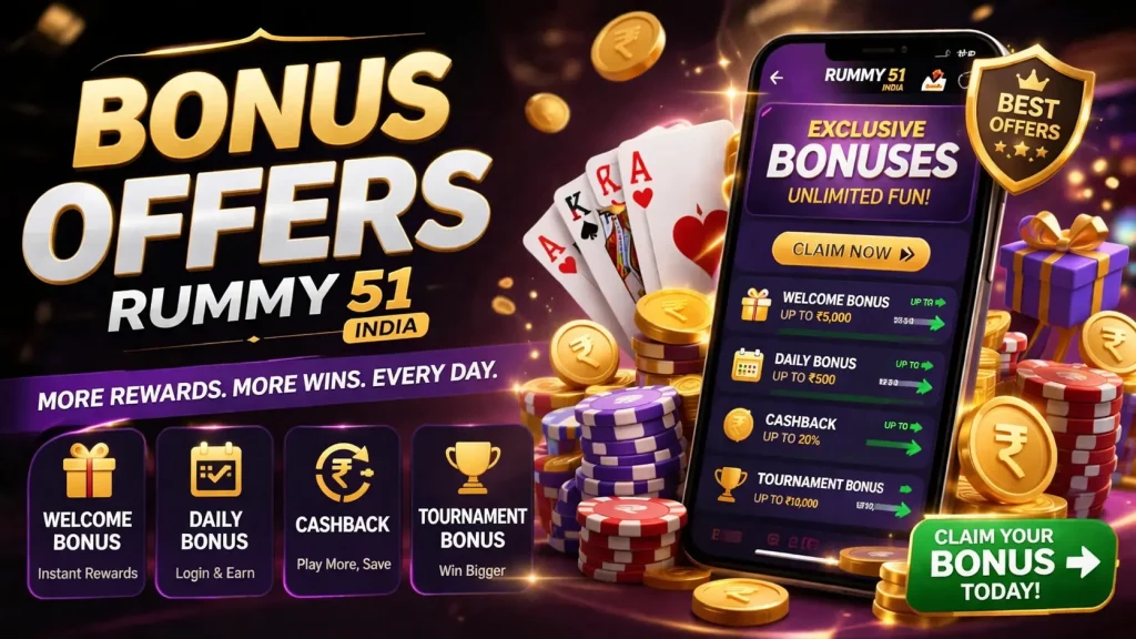 Bonus offers Rummy 51 India banner with mobile app, cashback rewards, daily bonus, and exclusive promotions