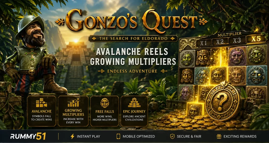 Gonzo’s Quest slot banner showing jungle temple ruins, golden treasure, cascading reels, and multiplier features in a cinematic adventure-themed casino scene.