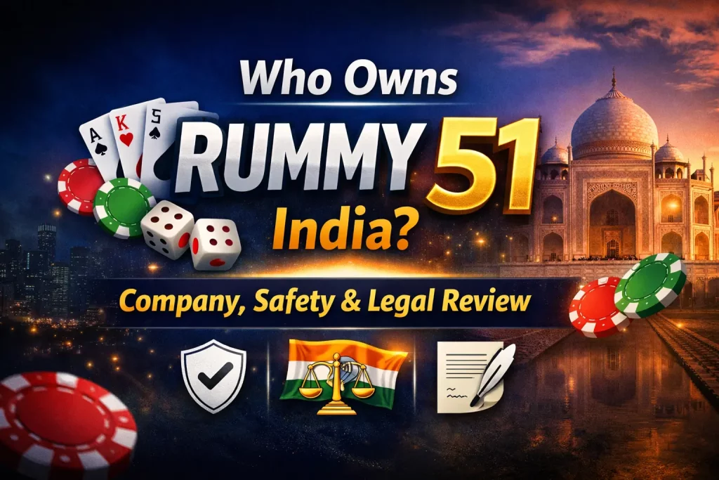 Who owns Rummy 51 platform illustration showing mobile gaming interface, Indian market context, and online rummy gameplay environment