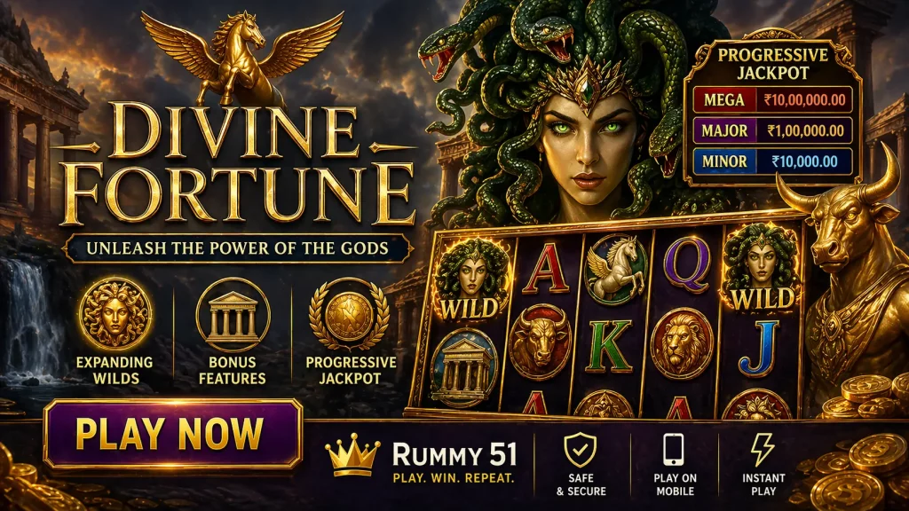 Divine Fortune slot banner with ancient Greek theme, Medusa wild symbol, golden reels, progressive jackpot panel, and dramatic temple background highlighting feature gameplay and big win potential.