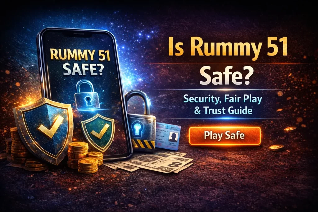 Rummy 51 safety banner with smartphone, shield icons, padlock, coins and glowing Play Safe button on dark background