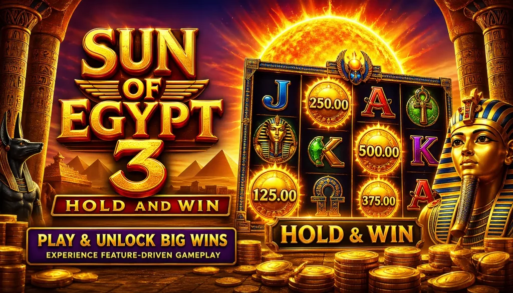 Sun of Egypt 3 slot banner featuring ancient Egyptian theme with golden reels, glowing coin symbols, pyramids, and rich desert atmosphere highlighting feature-driven gameplay and big win potential.