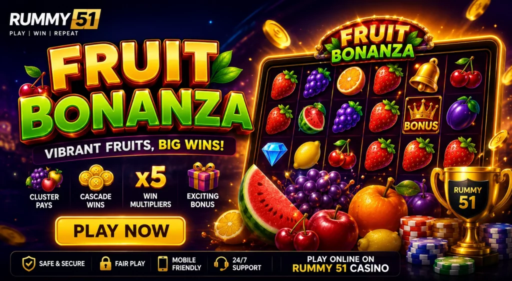Fruit Bonanza slot banner for Rummy 51 featuring colorful fruit symbols, cascading reels, multiplier icons, bonus features, chips, and a “Play Now” button highlighting vibrant gameplay and big win potential.