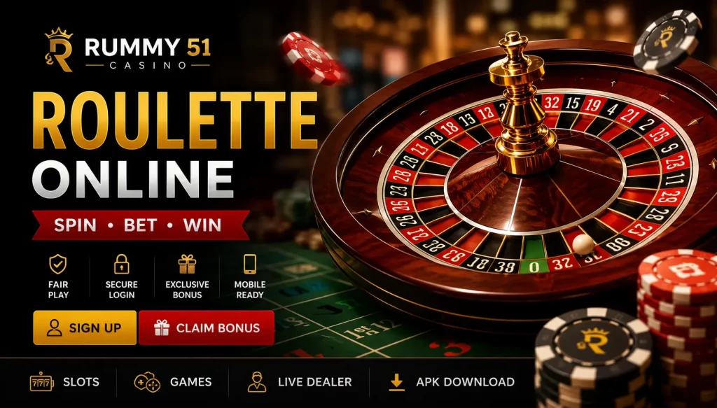 Wide cinematic banner showing a glowing roulette wheel spinning in a luxury casino environment with dark ambient lighting, gold and red highlights, and a modern digital gaming atmosphere representing online Roulette at Rummy 51.