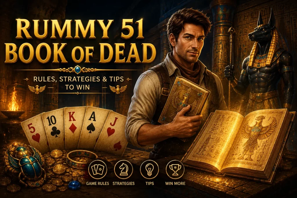 Fantasy-style promotional cover for “Rummy 51: Book of Dead,” featuring a man holding playing cards beside a glowing ancient Egyptian book, with Anubis statue and gold artifacts in a temple setting.