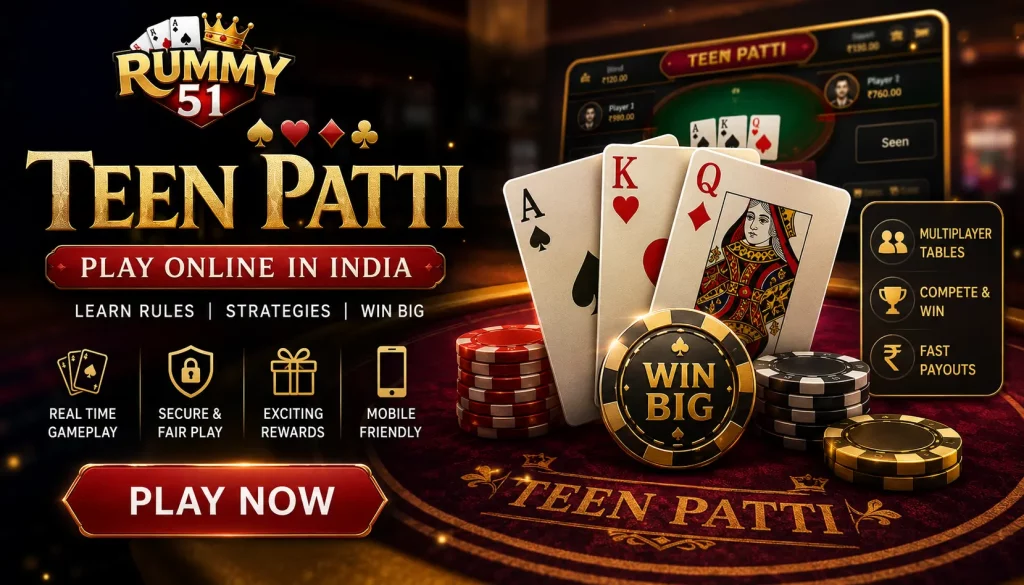 Cinematic dark-themed Teen Patti online card game scene with a green felt table, glowing playing cards, and neon casino-style lighting in a modern digital gaming environment.