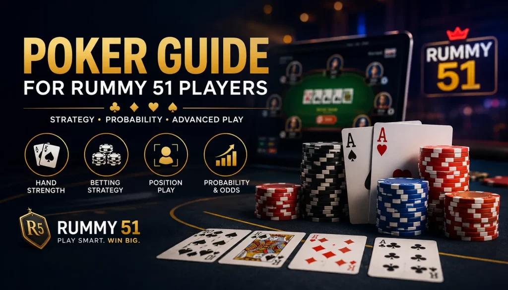 Dark-themed promotional banner for a Poker guide designed for Rummy 51, featuring a professional casino-style poker table with chips, playing cards, and an online poker interface in the background. The image highlights strategic gameplay concepts such as hand strength, betting strategy, position play, and probability & odds, with bold golden “POKER GUIDE” typography and branding for Rummy 51, emphasizing advanced online poker strategy and modern digital casino gaming atmosphere.