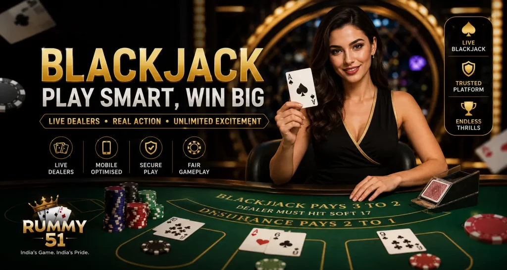 Blackjack casino table with live dealer at Rummy 51, featuring luxury casino atmosphere, poker chips, playing cards, mobile gaming icons, and golden premium design for online Blackjack gameplay.