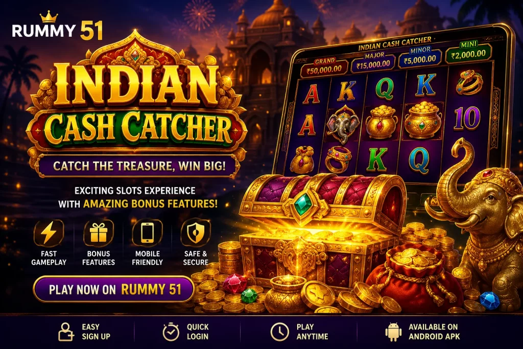Bright promotional banner for “Indian Cash Catcher” slot game on Rummy 51, showing a luxurious golden treasure theme with a slot machine interface, glowing symbols, bonus highlights, and mobile gaming features including APK access, Login, and Sign up, set in an Indian-inspired fantasy casino environment.