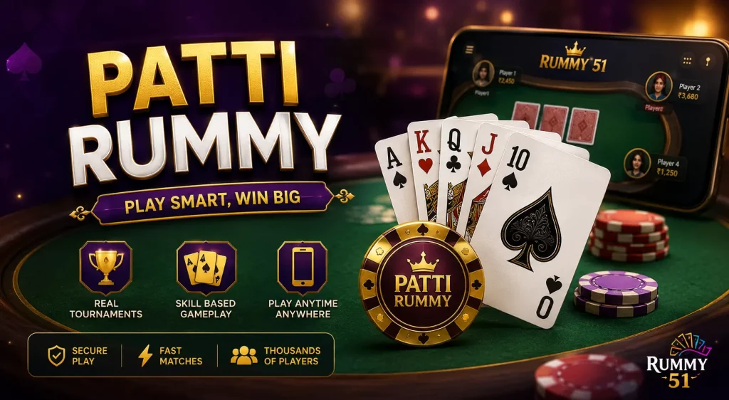 Promotional banner for Patti Rummy online game featuring playing cards, poker chips, and a Rummy 51 themed mobile interface highlighting skill-based gameplay, tournaments, and fast matches.