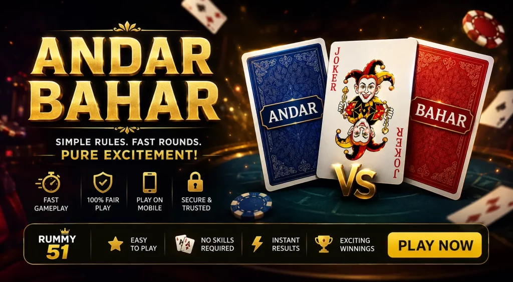 Golden casino-style promotional banner for Andar Bahar game featuring luxury dark background, playing cards, joker card, and bold “Andar Bahar” title with “Play Now” call-to-action button, designed for online gaming advertisement.