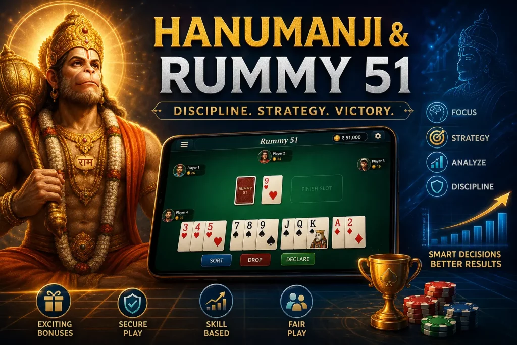 Dramatic promotional banner featuring Hanumanji alongside a Rummy 51 digital card game interface, highlighting discipline, strategy, and focus with gaming icons, charts, and motivational design elements on a dark themed background.