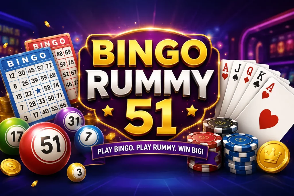 Bright casino-style promotional banner for “Bingo Rummy 51” featuring large glowing 3D “BINGO” and “RUMMY” titles with a golden “51” centerpiece, surrounded by bingo cards, playing cards, poker chips, and numbered balls in a vibrant neon-lit gaming atmosphere.